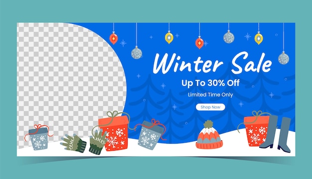 Vettore gratuito modello di banner di vendita orizzontale piatto invernale con regali e ornamenti