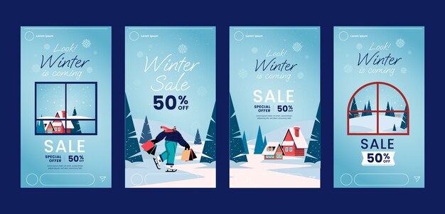 Free vector flat winter instagram stories collection