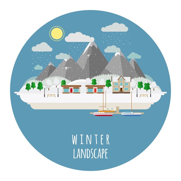 Flat winter landscape illustration with snow-covered town. Sun and sky, mountains and house