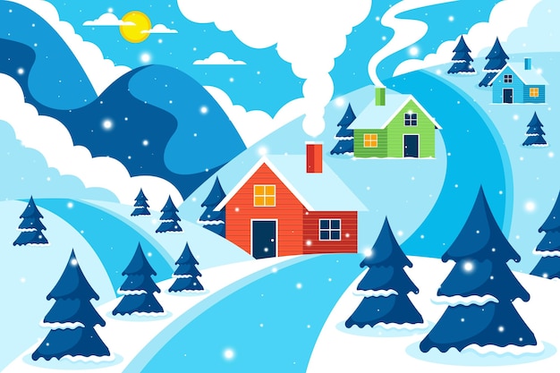 Бесплатное векторное изображение Плоский зимний пейзаж иллюстрация