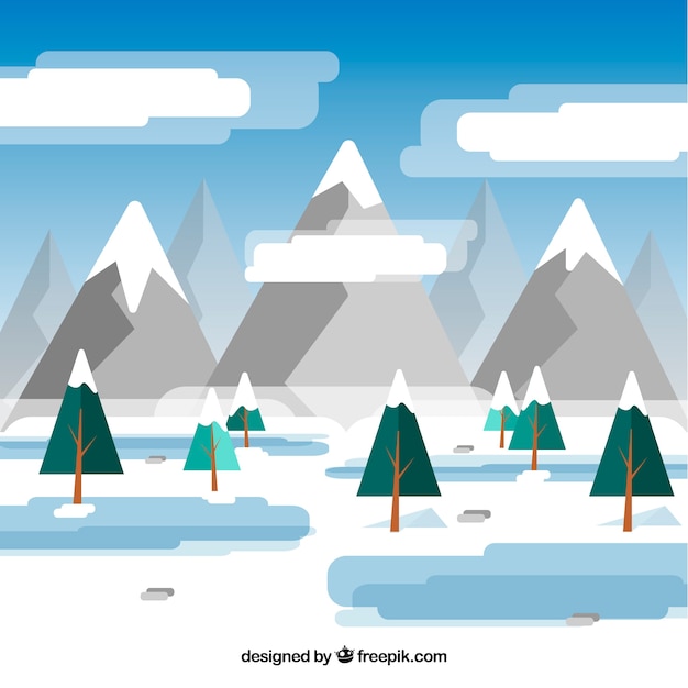 Плоский зимний пейзаж с горами и соснами