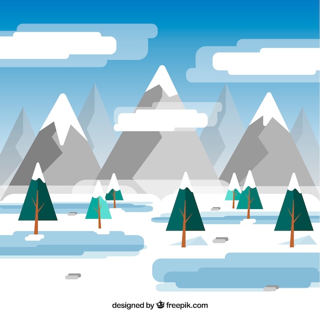 Free vector flat winter landscape with mountains and pines