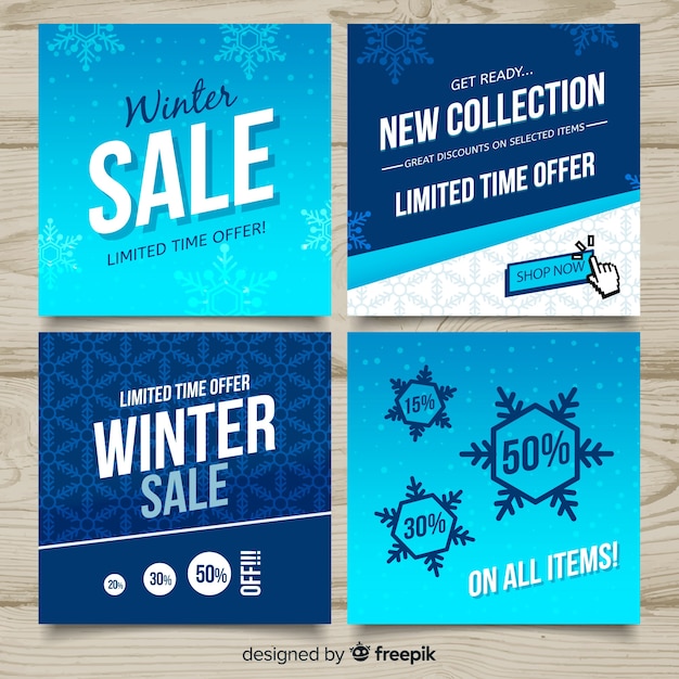 Vettore gratuito set di carte di vendita inverno piatto