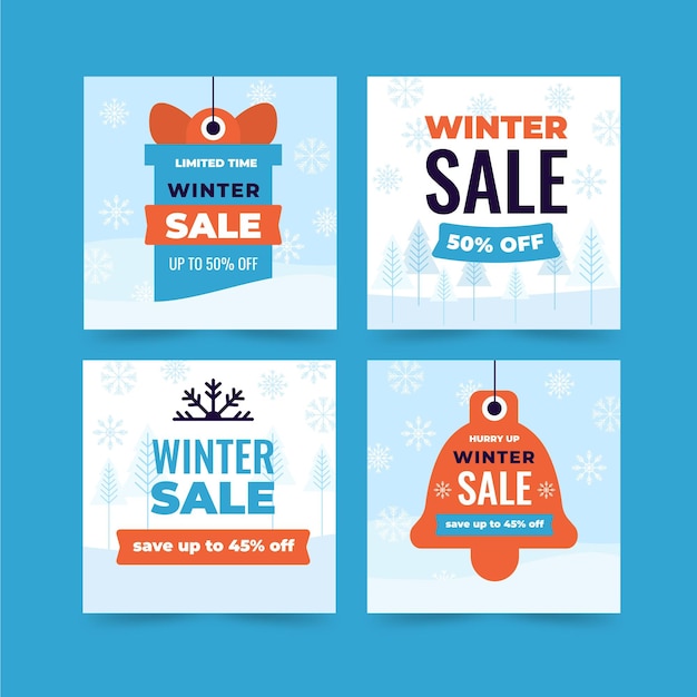 Vettore gratuito collezione di post instagram di vendita piatta invernale