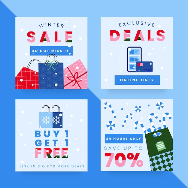 Free vector flat winter sale instagram posts collection