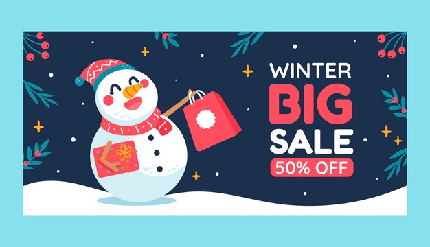 Flat winter season celebration horizontal sale banner template