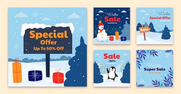 Free vector flat winter season instagram posts collection