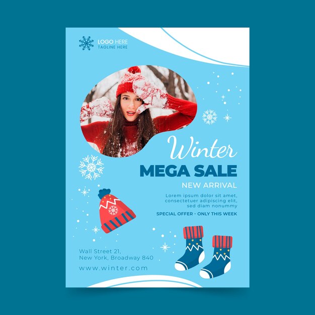 Flat winter season sale vertical poster template