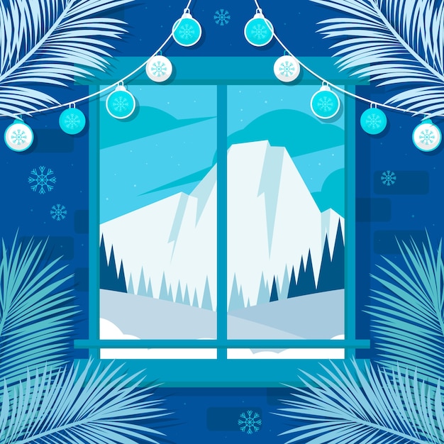 Vettore gratuito illustrazione della finestra della stagione invernale piatta