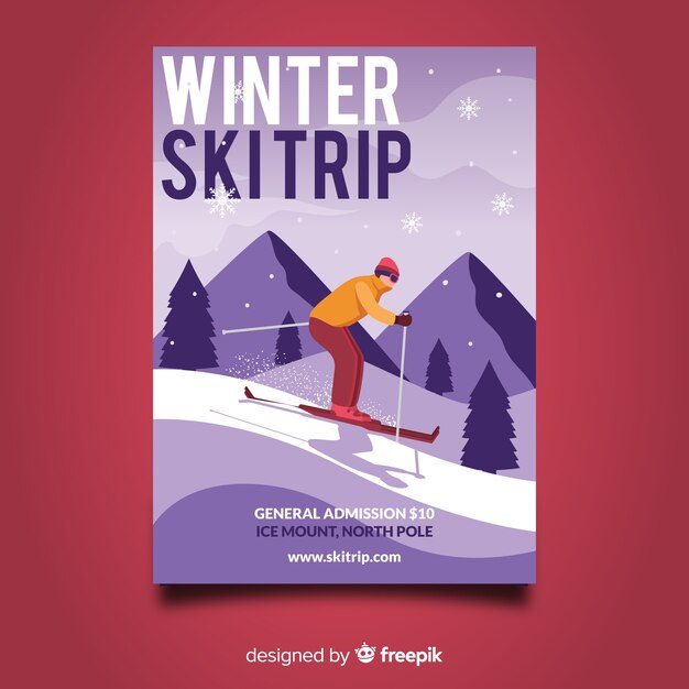 Free vector flat winter ski trip poster template