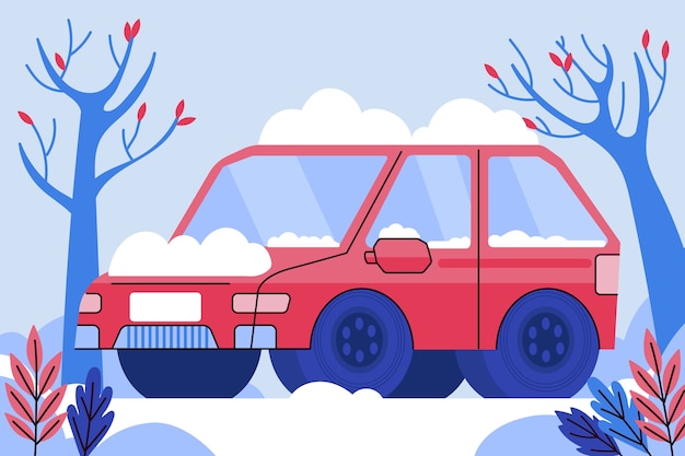 Flat winter snow car illustration