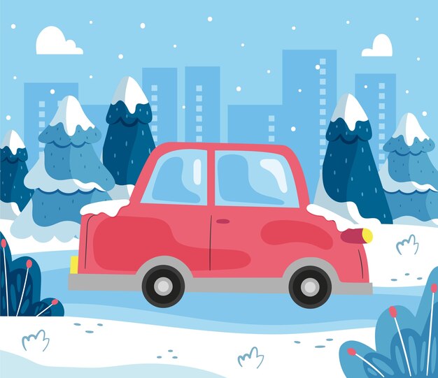 Flat winter snow car illustration