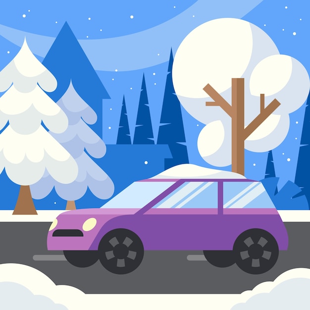 Vettore gratuito illustrazione piana dell'automobile della neve di inverno