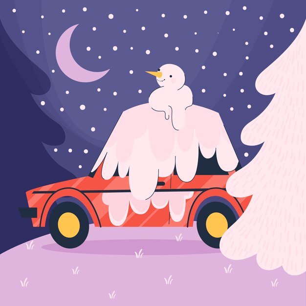 Flat winter snow car illustration