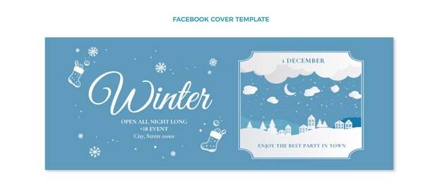 Vettore gratuito modello di copertina per social media invernale piatto