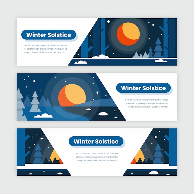 Free vector flat winter solstice horizontal banners set