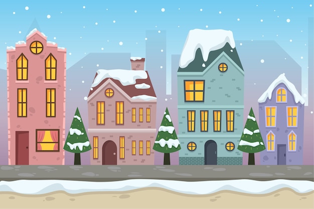 無料ベクター 平らな冬の町街並みの風景の背景