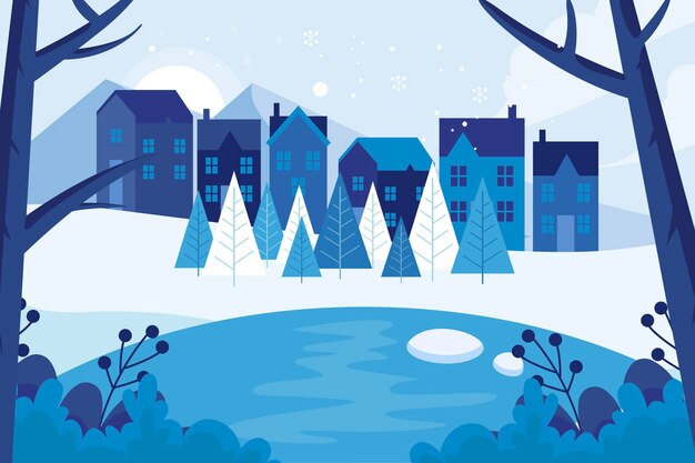 平らな冬の村のイラスト
