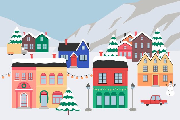 Плоская зимняя деревня иллюстрация