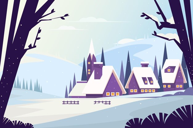 平らな冬の村のイラスト