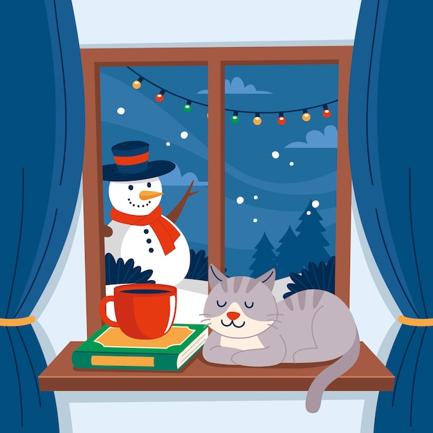 Flat winter window illustration