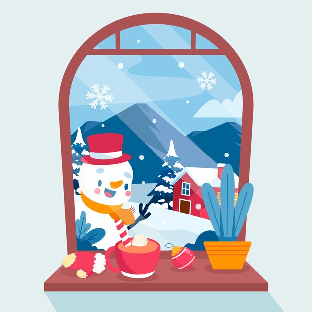 Иллюстрация плоского зимнего окна