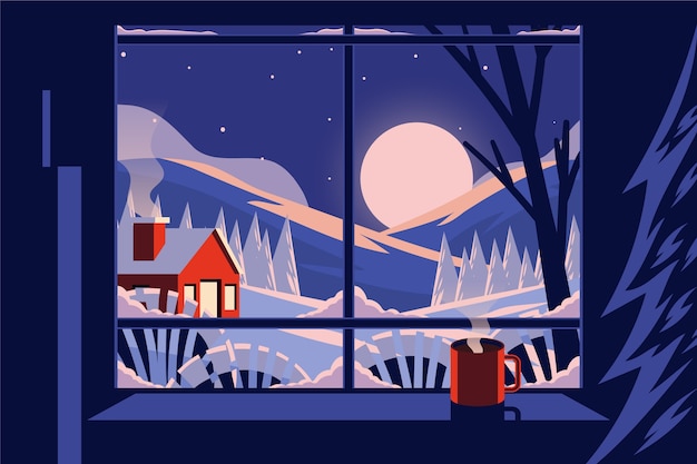 Flat winter window illustration