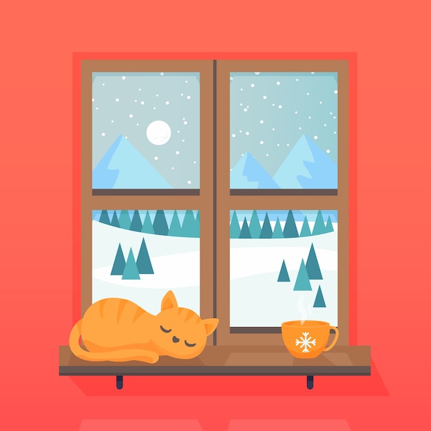 平らな冬の窓のイラスト