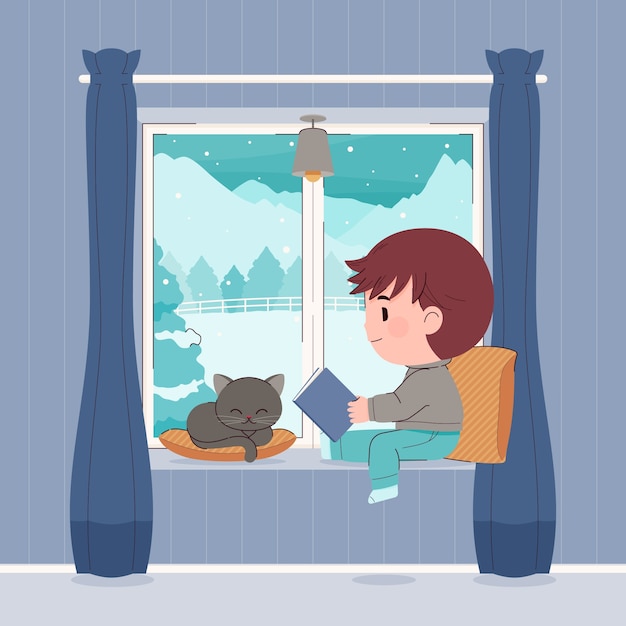 無料ベクター 平らな冬の窓のイラスト