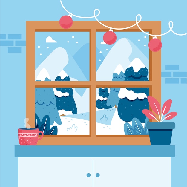 Flat winter window illustration