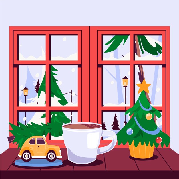 Flat winter window illustration