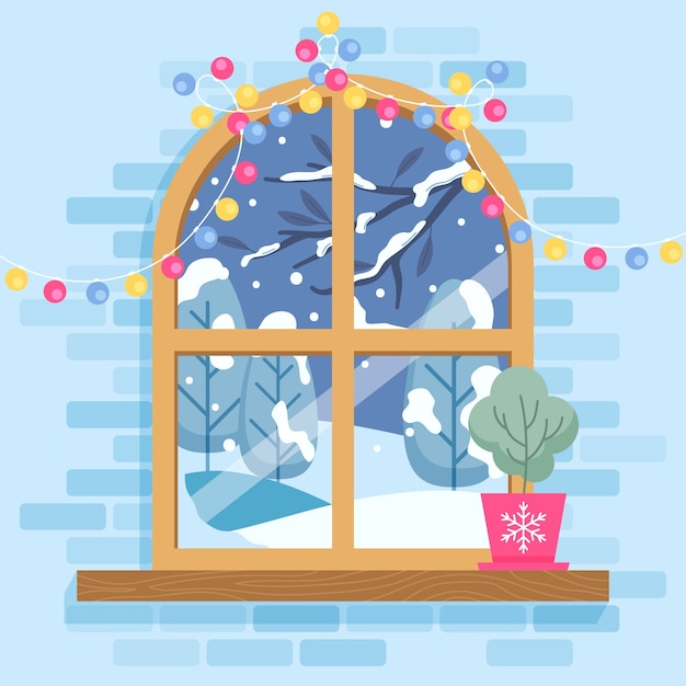 Flat winter window illustration