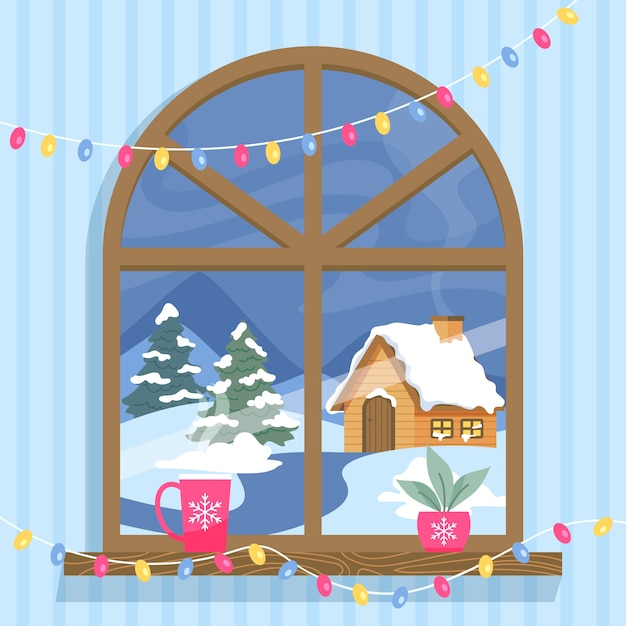 Flat winter window illustration