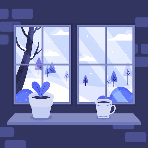 Flat winter window illustration