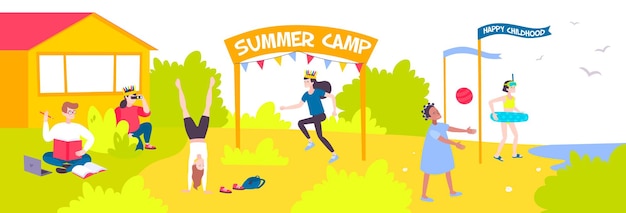 Flat with cheerful  kids spending vacation in summer camp  illustration,