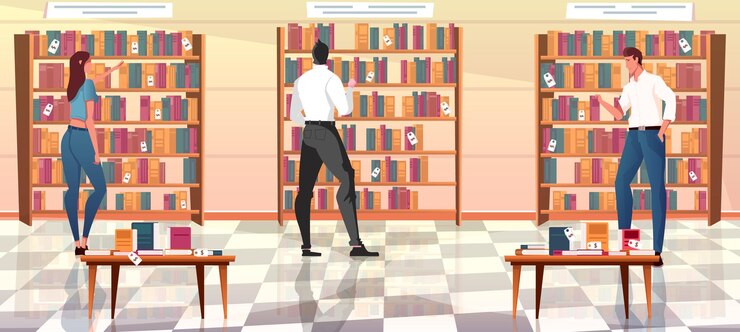 Free Vector flat  with people looking at rows of books on shelves in shop
