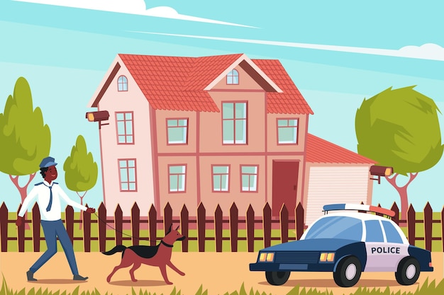 Free vector flat  with police officer dog and car in front of house