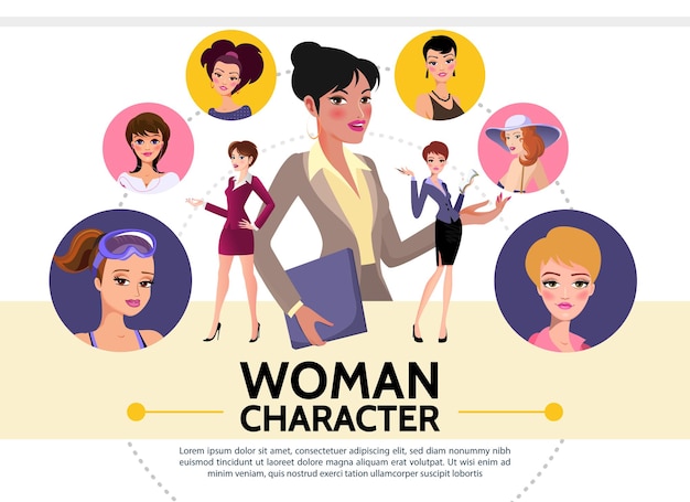Бесплатное векторное изображение Коллекция аватаров плоских женских персонажей женщин в различной одежде с разными прическами