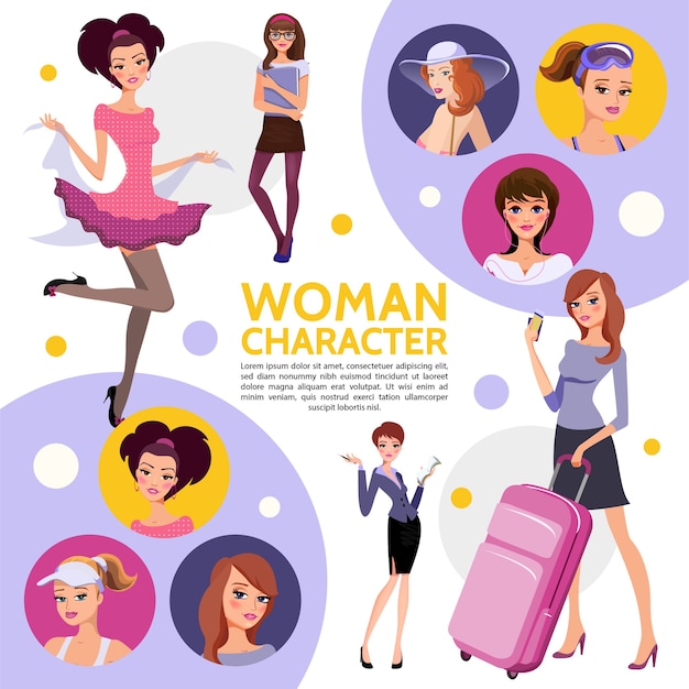 Flat woman characters composition with secretary student sportswoman businesswoman elegant