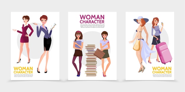 도 서의 스택 근처 사업가 비서 어린 학생들과 플랫 여자 캐릭터 포스터