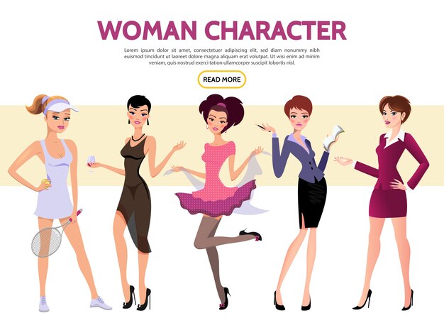 flat woman characters set with sportswoman secretary businesswoman ladies