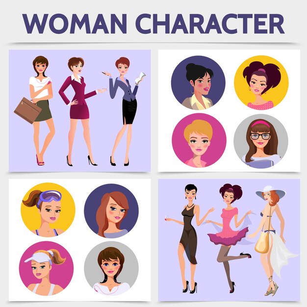 Flat woman characters square concept 
