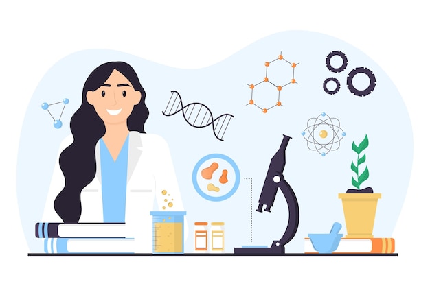 Flat woman scientist biotechnology concept