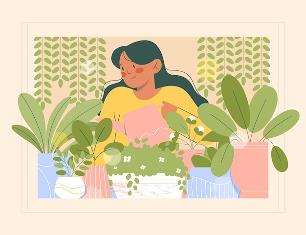 Free vector flat woman taking care of plants indoors