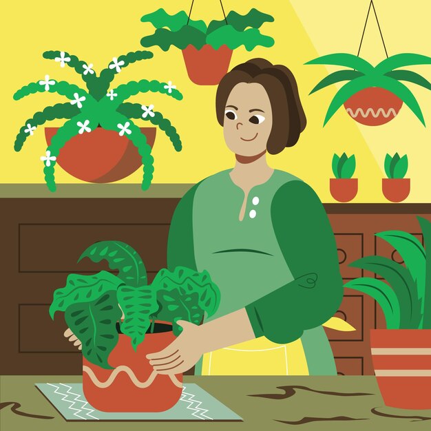 Плоская женщина заботится о растениях