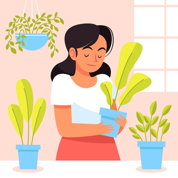 Flat woman taking care of plants
