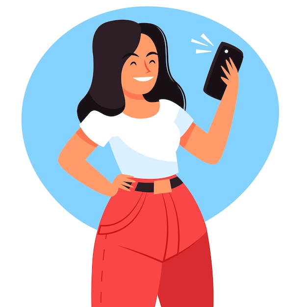 Flat woman taking photos with smartphone