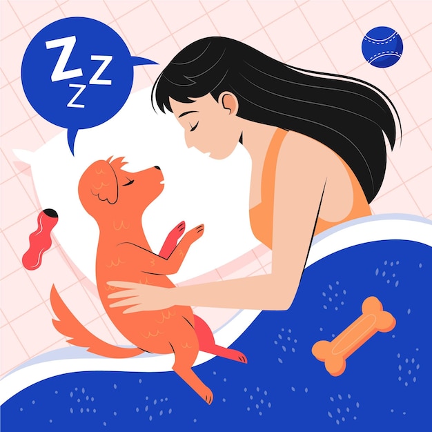 Free vector flat woman  with dog in bed