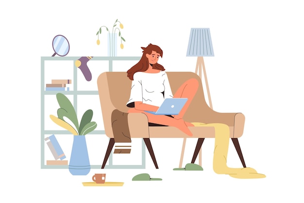 Free vector flat woman working at home office with laptop