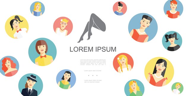 Flat women round avatars template 